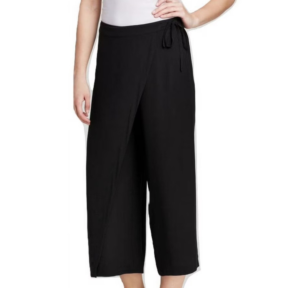 Eileen Fisher Silk Wide Leg Wrap Pants Black Crop Sz Medium Lagenlook Minimalist